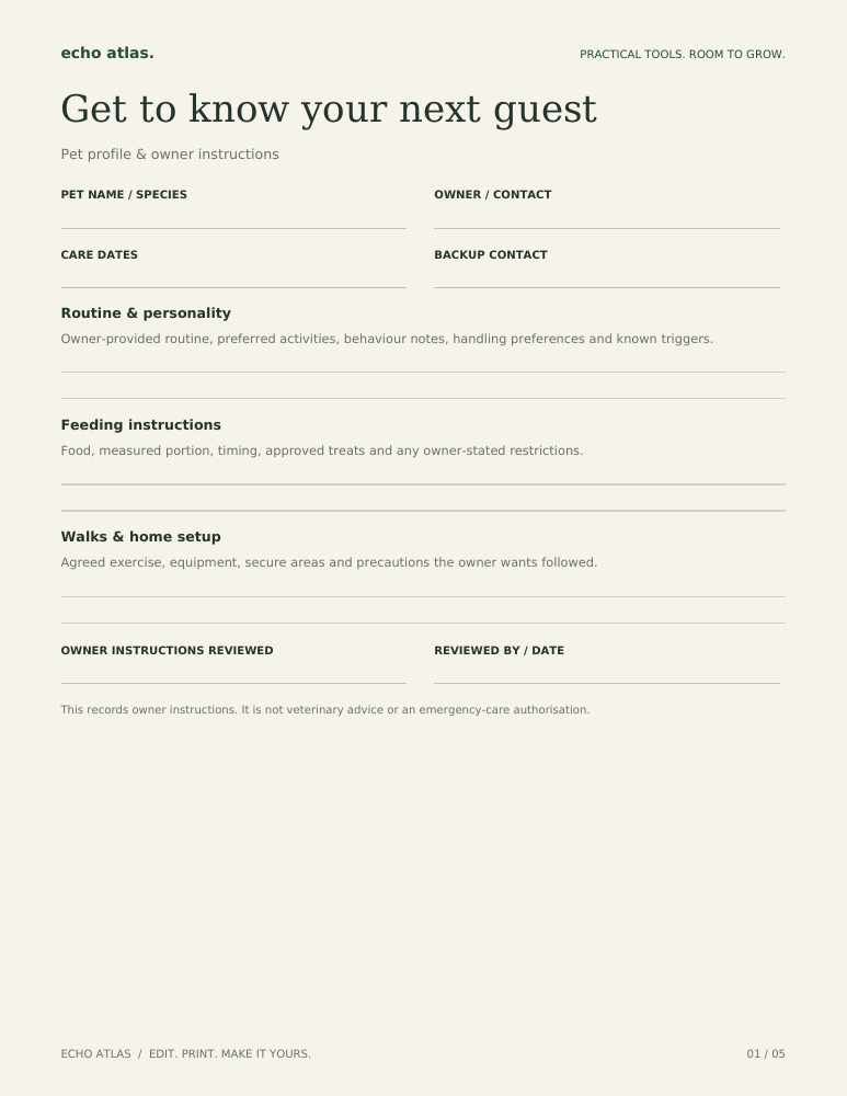 First page of The Pet Sitter Kit