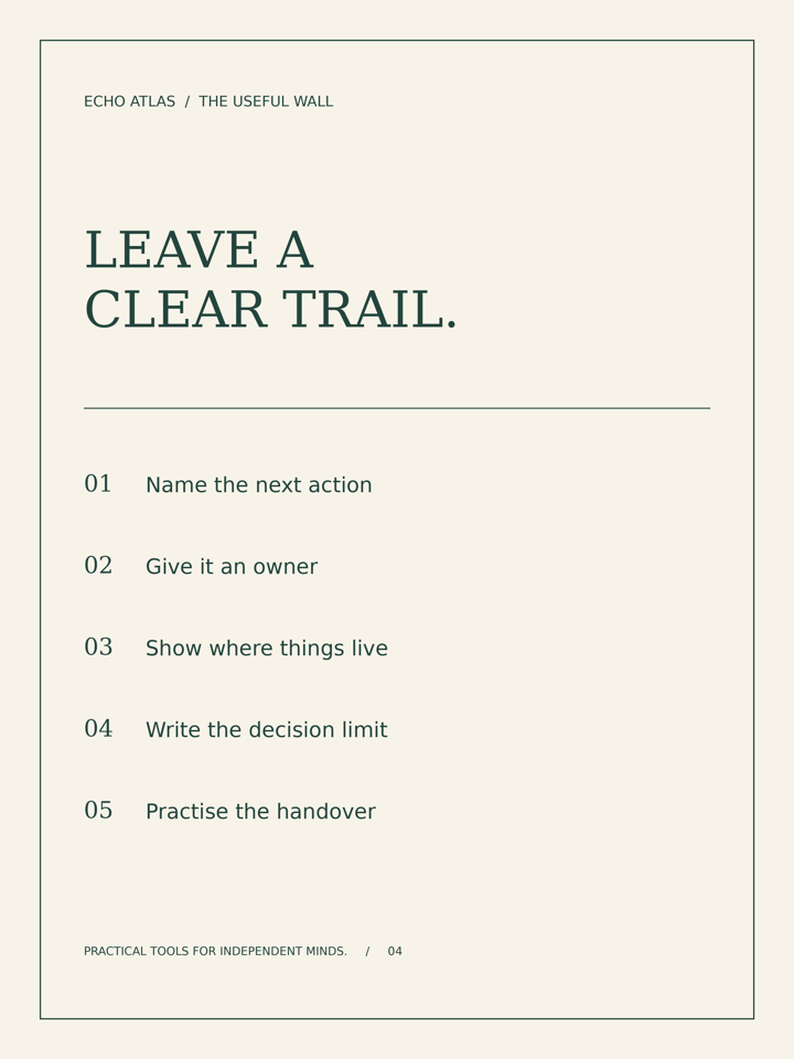 Leave a Clear Trail — Name the next action; Give it an owner; Show where things live; Write the decision limit; Practise the handover