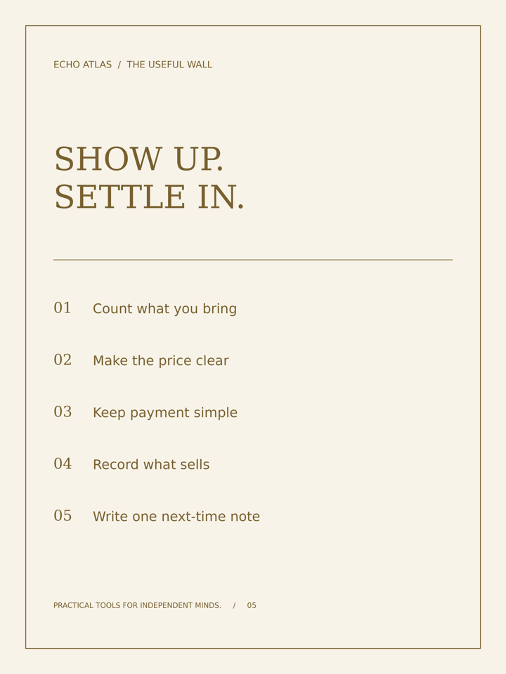 Market Day Rhythm — Count what you bring; Make the price clear; Keep payment simple; Record what sells; Write one next-time note